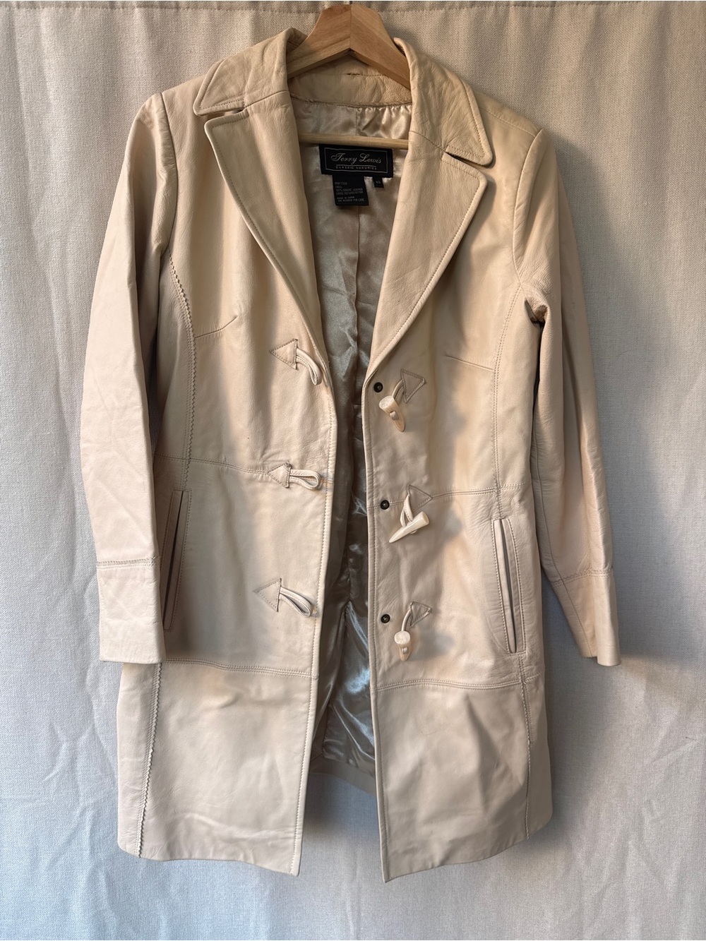 Vintage Cream Leather Toggle Trench Coat